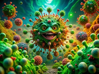 Surreal Green Screen Virus Cartoon Animation,  Fantastic CGI Virus,  Abstract Viral Infection,  Digital Art Green Screen Background