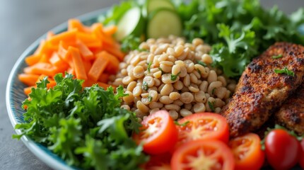 A close-up of a colorful plate filled with a variety of healthy foods, including leafy greens, whole grains, and lean proteins, showcasing a balanced and nutritious meal.