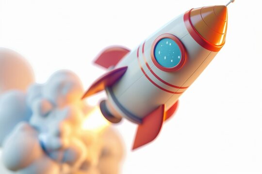 Cartoon Rocket Ship. Startup Business Growth Concept With 3D Rocket in Space