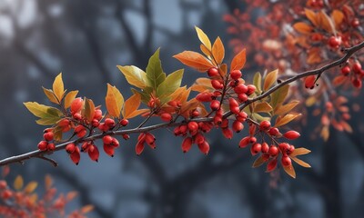 Single barberry berry on a thick, woody branch in the winter season , cold weather, snow, stem