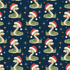 Seamless pattern of a cute snake in a Christmas hat. The green wooden snake is a symbol of the 2025 new year. Vector illustration.