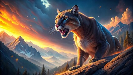 Obraz premium Surreal Growling Mountain Lion Photography: Majestic Beast, Wild Cat, Night Vision, Fantasy Art