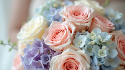Obraz premium A close-up of a wedding bouquet featuring soft pastel flowers like blush roses, lavender, and baby blue hydrangeas, beautifully arranged to reflect a romantic theme.