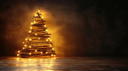 Minimalist Christmas tree made of wooden branches and glowing string lights