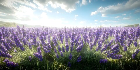 Fototapeta premium A serene landscape filled with vibrant lavender fields under a bright blue sky. The rich purple flowers create a calming atmosphere, ideal for nature lovers and photographers.
