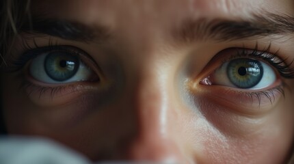 A close-up of tired eyes, showcasing dark circles and a weary expression. 