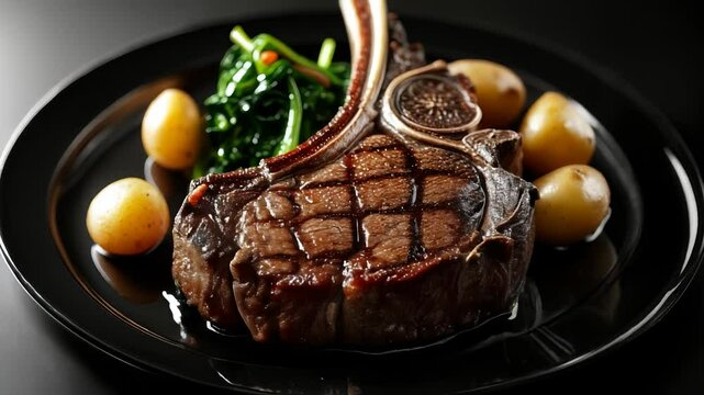 Grilled tomahawk steak with baby potatoes and spinach on a black plate
