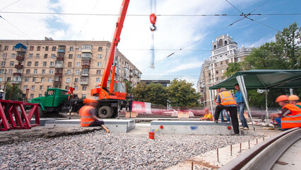 Road construction site with tram tracks repair and maintenance timelapse hyperlapse.