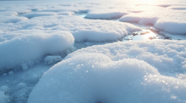 A close-up view of melting snow, showcasing the intricate patterns and textures as the snow begins to drip and transform into water.