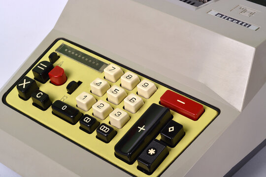 Turin, Piedmont, Italy - 05/15/2024- The old Italian electromechanical calculator Olivetti Multisumma