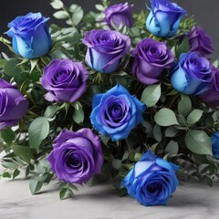 Beautiful bouquet of blue and purple roses with eucalyptus, beautiful bouquet of blue and purple roses, fragrant freshness, nature-inspired