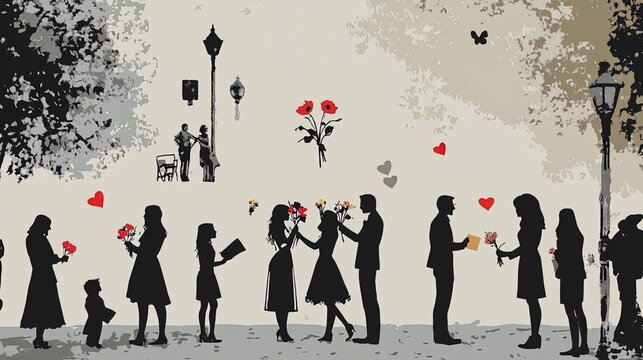 vibrant park scene: diverse friends sharing flowers, hugs, and handwritten notes – perfect for a heartwarming poster in sport interiors!