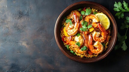 Machboos prawns biryani rice with lemon slice served in dish isolated on table top view of breakfast