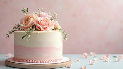 A photorealistic image of a wedding cake adorned with pastel-colored frosting and delicate floral decorations, set against a soft background, highlighting the elegance of a pastel-themed wedding.