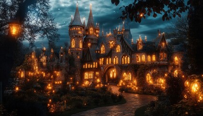 Fototapeta premium A Stone Castle Illuminated at Night with Glowing Lanterns