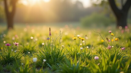 Fototapeta premium A picturesque landscape featuring a meadow with the first signs of spring, including blooming wildflowers and lush green grass. 