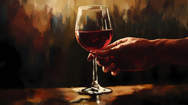 A hand tightly gripping a glass of wine, with dimly lit surroundings suggesting a heavy and reflective mood". Reflective. Illustration