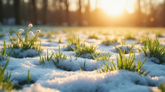 A picturesque scene of spring thaw, showcasing a landscape where melting snow reveals patches of green grass and budding flowers. 