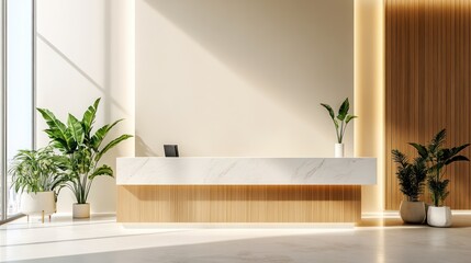 Modern Minimalist Reception Desk Design with Plants