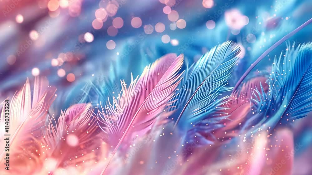 Poster colorful feathers with vibrant hues and sparkling lights create a mesmerizing visual spectacle in a 