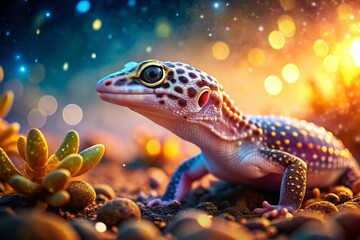 Obraz premium Surreal Leopard Gecko Enigma: Mysterious Reptile, Fantasy Pet, Dreamlike Savannah, Digital Art, Psychedelic Gecko
