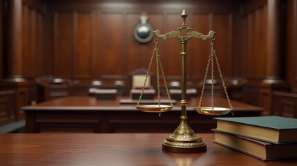 A traditional courtroom setting with polished wooden furniture, ornate scales of justice, and leather-bound books signifying the rule of law and justice
