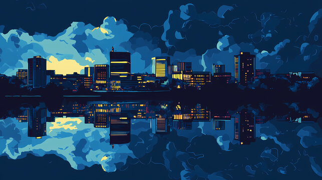 A reflective illustration of a moody cityscape under a dark blue sky. Reflective. Illustration