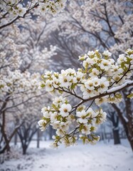 Obraz premium Snow-covered tree branches with whitebeam blossoms, nature, flowers