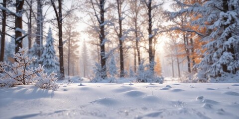 Snowflakes fall softly on a bed of soft white snow with trees in the distance , cold, quiet, soft