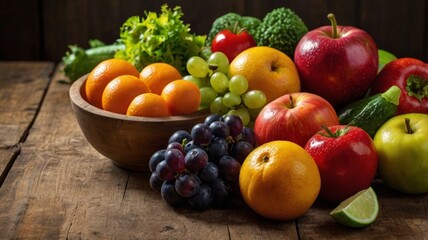 A close-up of a vibrant assortment of fresh fruits and vegetables arranged on a wooden table, showcasing their colors and textures, perfect for a healthy lifestyle theme.