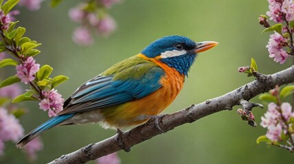 Obraz premium A close-up view of a bird perched on a branch, showcasing its vibrant plumage as it returns to its habitat. 