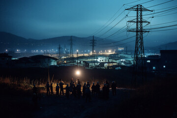 Blackout in a residential area as dusk falls, casting shadows on daily life. Generative AI