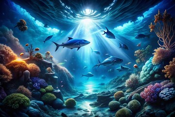 Fototapeta premium Surreal Navy Blue Ocean Dreamscape: Abstract Underwater Photography, Deep Sea Fantasy Art