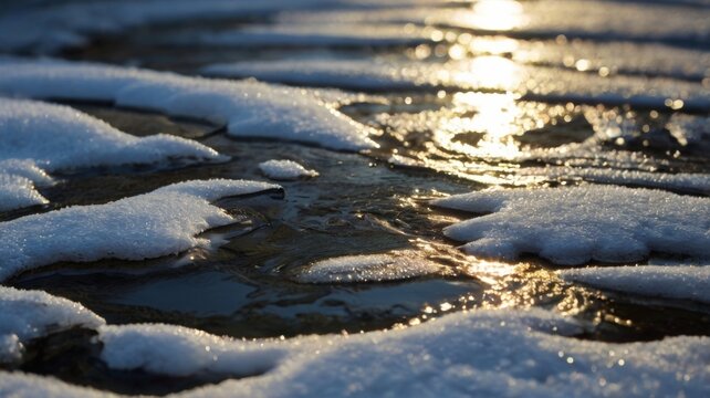 A close-up view of melting snow, showcasing the intricate patterns and textures as the snow begins to drip and transform into water.