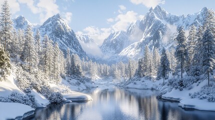 Fototapeta premium Serene winter landscape featuring snow-capped mountains and a tranquil river reflecting the blue sky.