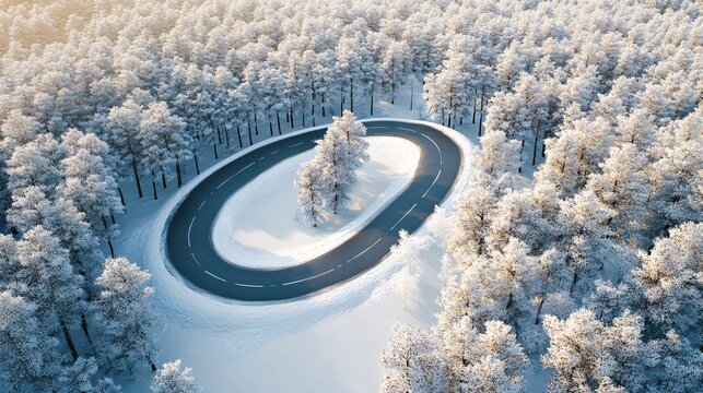 A winding road through a snow-covered forest during sunset, showcasing nature's serene beauty.