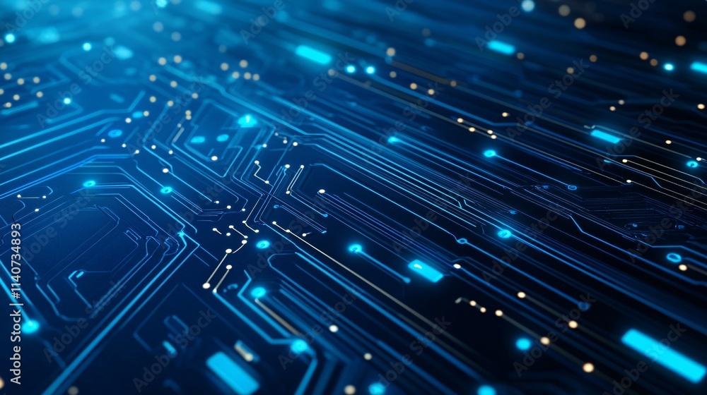 Poster abstract close-up of a high-tech circuit board with glowing blue lines and lights.