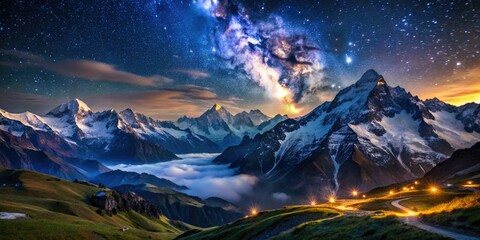 Breathtaking Swiss Alps night: starry sky above majestic, snow-capped peaks.