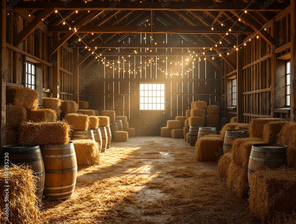 Aufkleber rustic barn with hay bales and barrels arranged along the walls and floor. string lights hanging fro