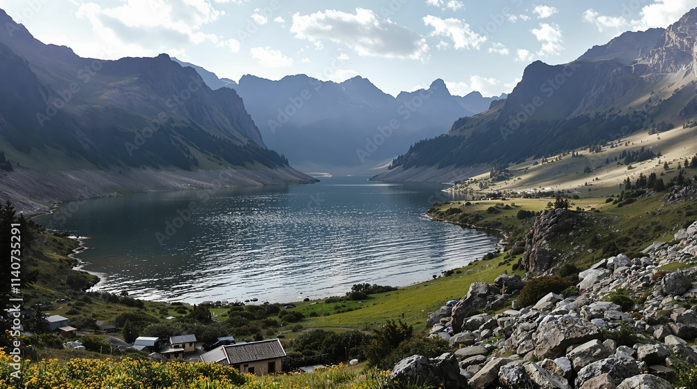 Poster panoramic view of a serene mountain lake surrounded by lush greenery and towering peaks. the clear b