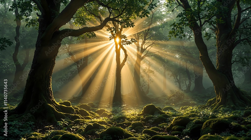 Poster magical forest scene with sunlight streaming through the trees, creating a serene and enchanting atmosphere. The ground is covered in lush green moss, adding to the mystical feel of the environment.