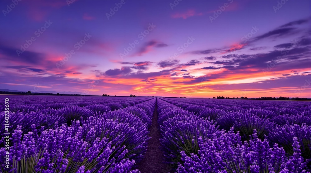Poster beautiful lavender field with a stunning sunset in the background, displaying a range of colors from