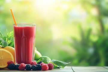 Red smoothie with raspberry, mint, blackberry, mango, green apple and orange for a healthy diet. In a glass glass standing on the table and with a straw. On a green background, with space for text