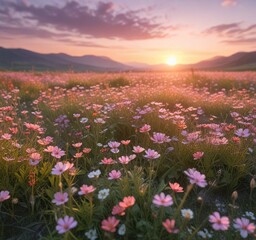 Obraz premium Soft focus sunset over a wildflower-filled meadow with gentle hues of pink and orange, flower fields, landscape, peaceful