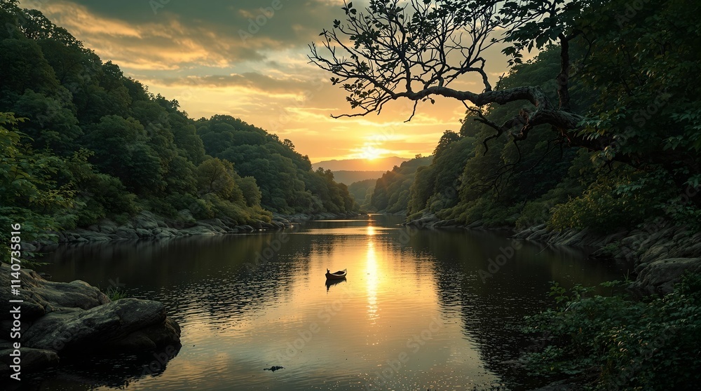 Poster serene lake surrounded by lush greenery and trees. the sun is setting, casting a warm glow on the wa