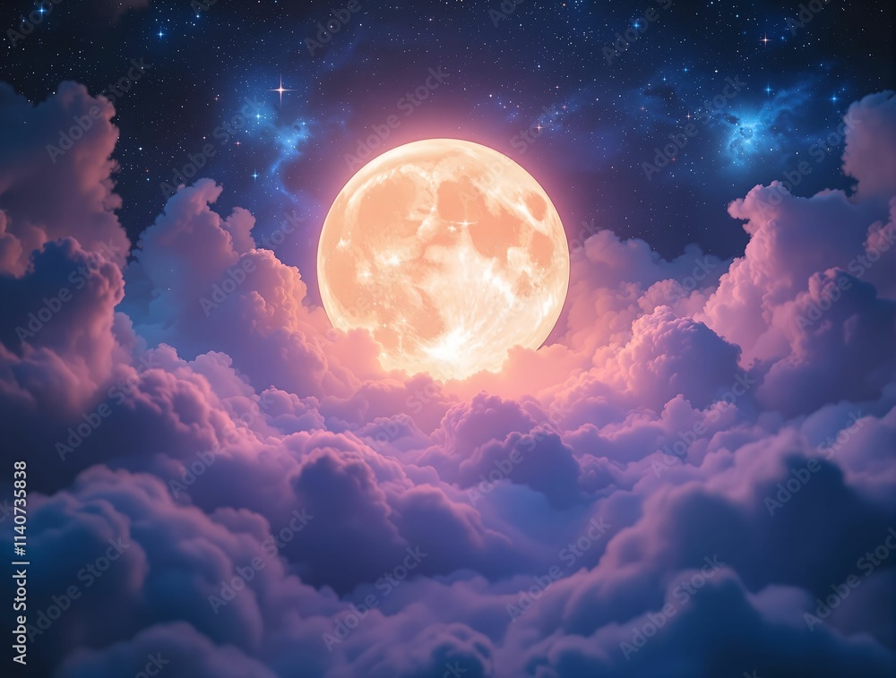 Poster serene night sky with a full moon shining brightly, surrounded by fluffy clouds and twinkling stars.