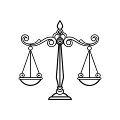 Balance Scale Illustration - Black and White Classic Line Art Symbolizing Justice, Law, and Equality