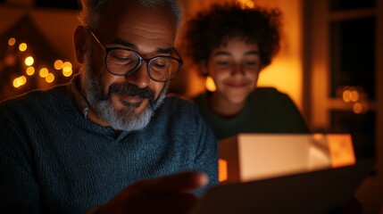 A grandfather and granddaughter using a tablet together at night in a warmly lit room.