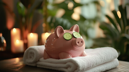 A piggy bank enjoying a luxurious bubble bath surrounded by candles, symbolizing secure, stress-free money savings and financial wellness. Image made using Generative AI