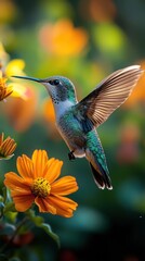 Fototapeta premium A vibrant hummingbird hovering near bright orange flowers in a lush garden.